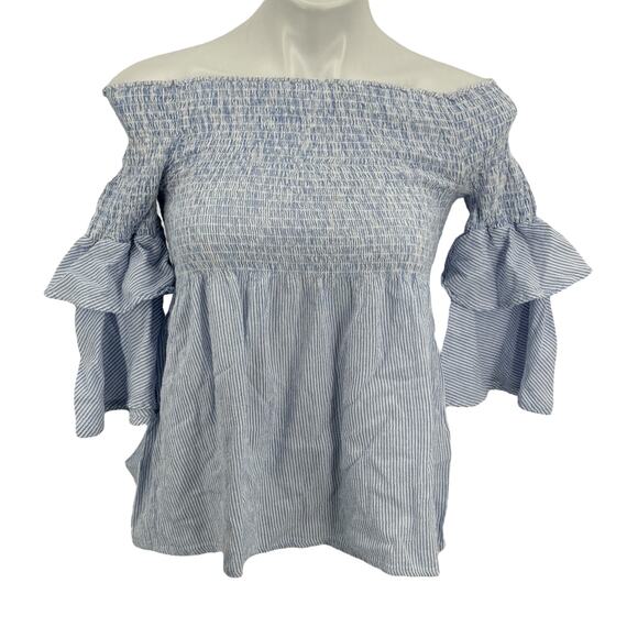Cavalini Smocked Shirred Top SZ L Blue Women's Off the Shoulder Coastal Resort - Picture 1 of 8